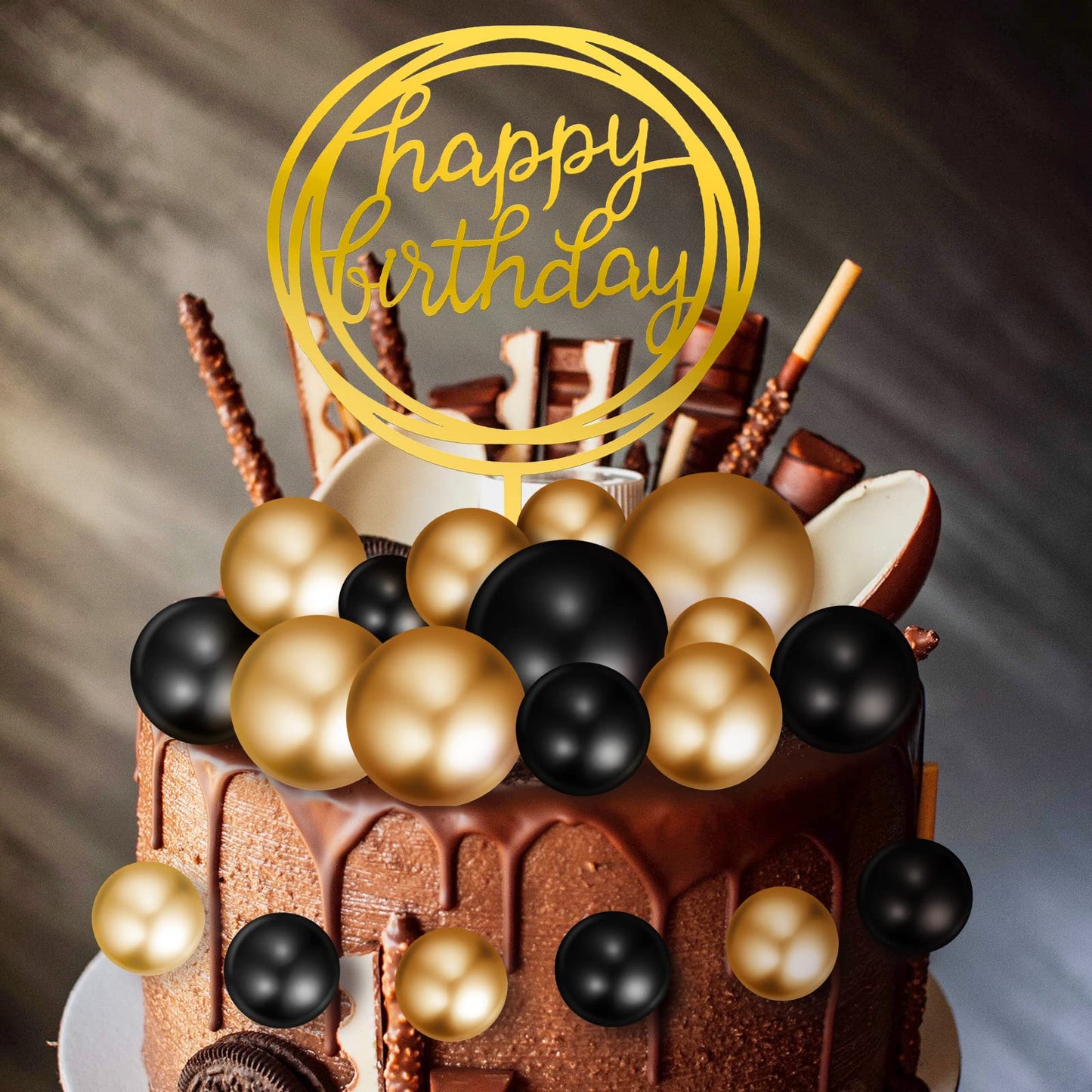 Boao Mini Colorful Balls Cake Topper Set, 25 Pcs Acrylic and Foam, Black and Gold, DIY Cupcake Insert for Weddings and Birthdays