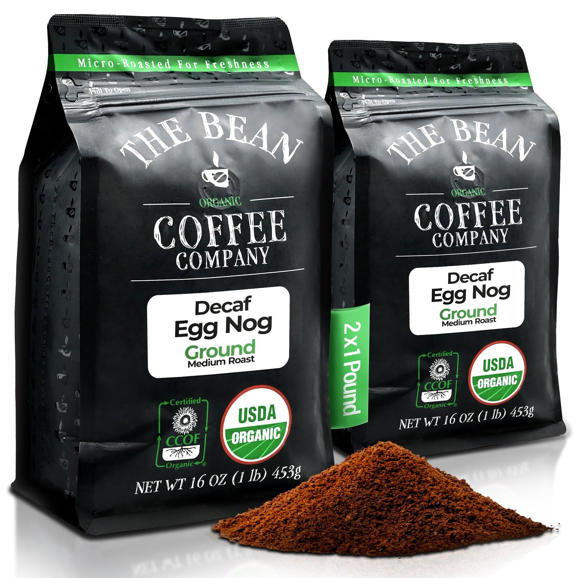The Bean Organic Coffee Company Water Processed DECAF Egg Nog, Medium Roast, Ground Coffee, 16-Ounce Bags (Pack of 2), Caf   Mol