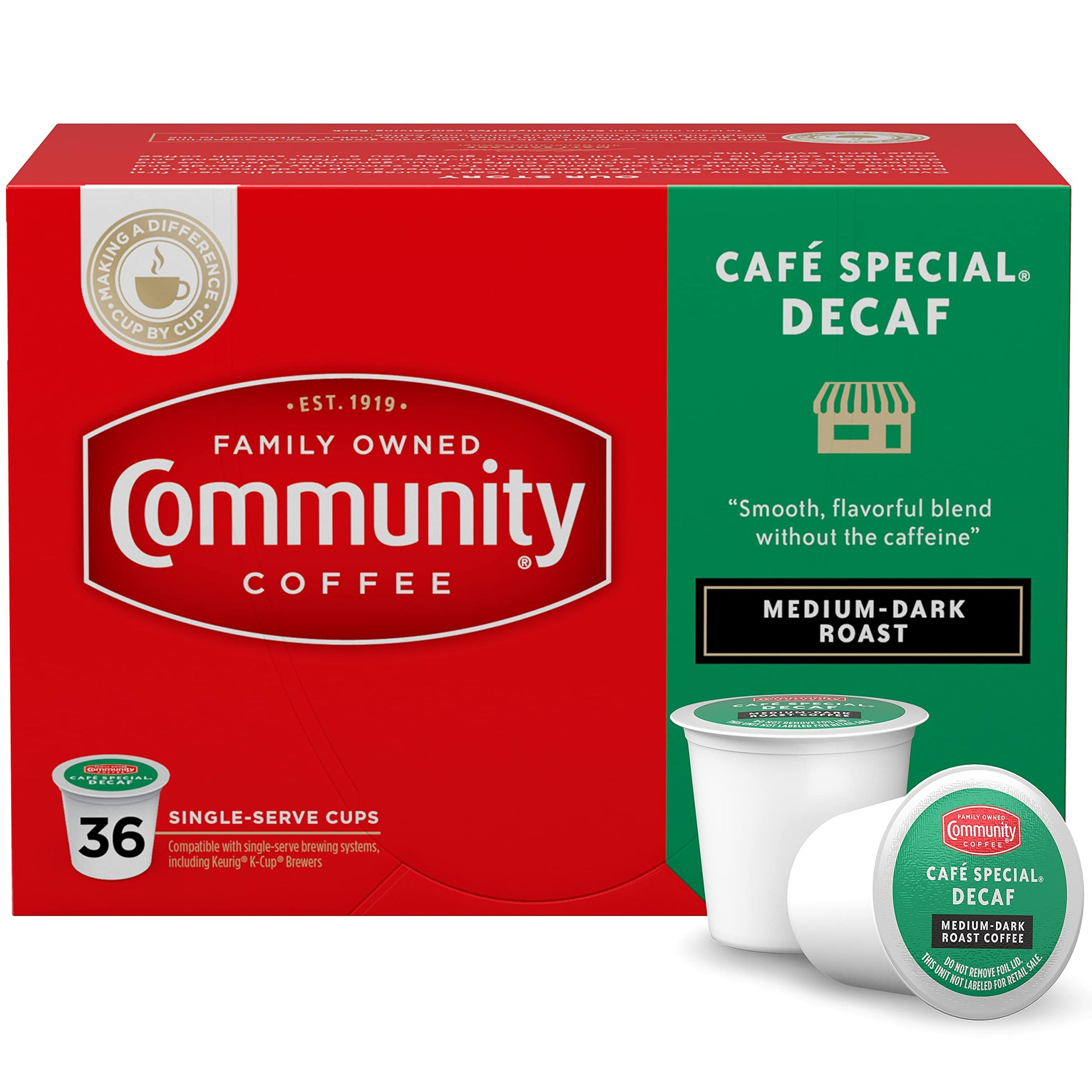 Community Coffee Café Special Medium Dark Roast Decaf Coffee Pods, 36 Count, Compatible with Keurig 2.0 K-Cup Brewers