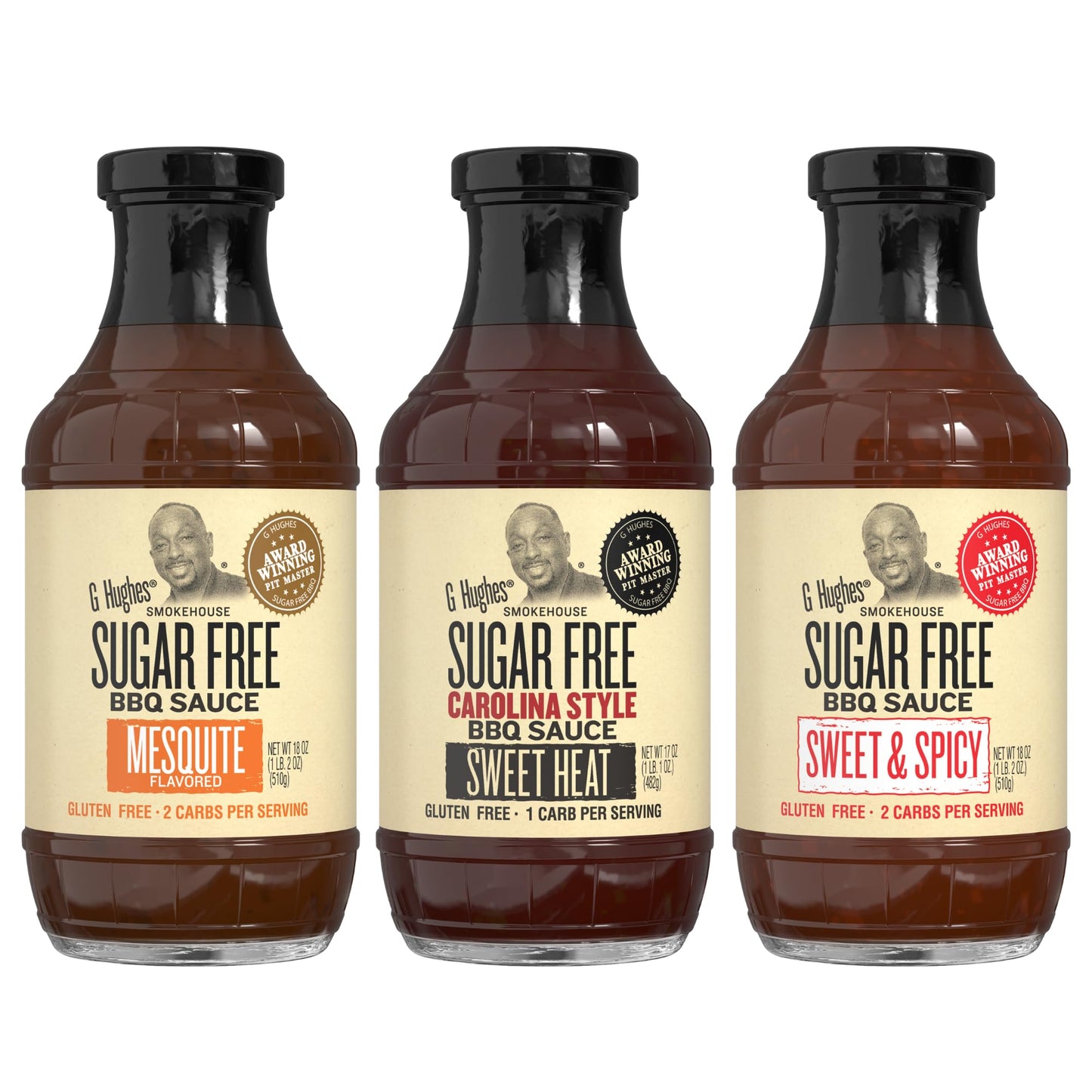 G Hughes Sugar Free Mesquite, Sweet Heat, Sweet & Spicy BBQ Sauce Variety Pack - Gluten Free Sauces, Sugar Free BBQ Sauces - 18 