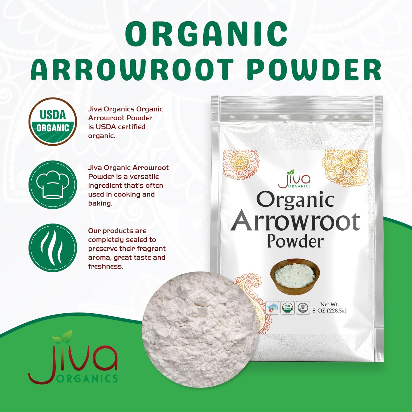 Jiva Organics Organic Arrowroot Flour (Powder) 8 Ounce Bag - Raw, Non-GMO