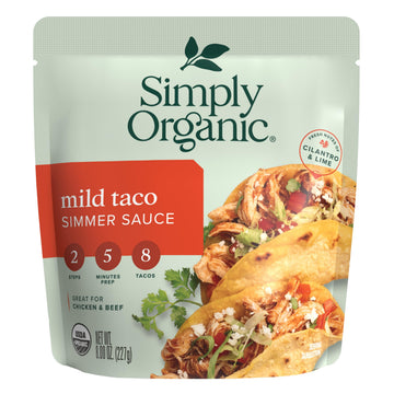 Simply Organic Mild Taco Simmer Sauce, 8 Ounce Pouch, Vibrant & Tangy, For Chicken and Baja-style Fish Tacos (Pack of 6)