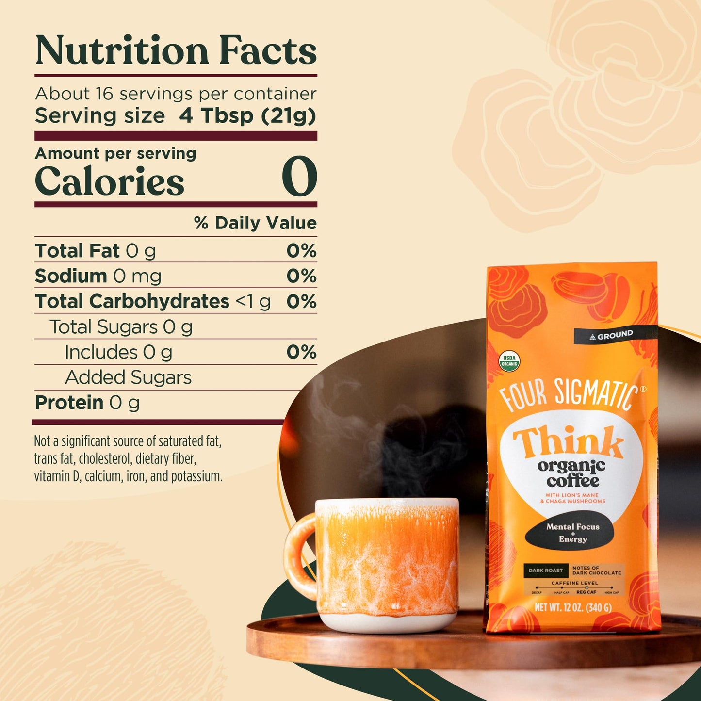 Four Sigmatic Think Mushroom Coffee | Organic Ground Coffee with Lions Mane Mushroom and Chaga Mushroom | 12oz Bag