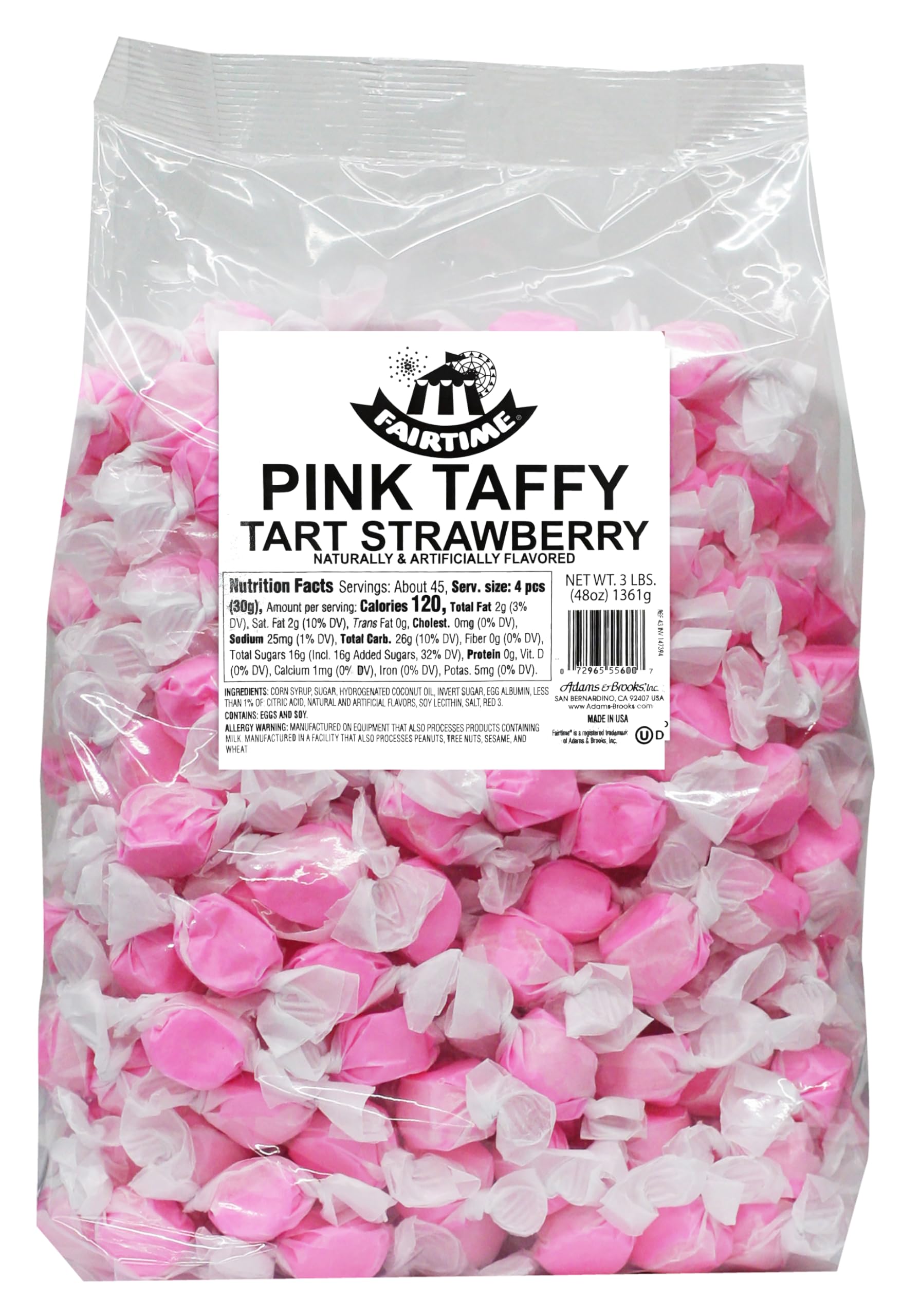 Adams & Brooks Fairtime Taffy - Bulk Pink Candy for Candy Buffets, Strawberry Taffy, Strawberry Candy - 3 Pounds of Candy