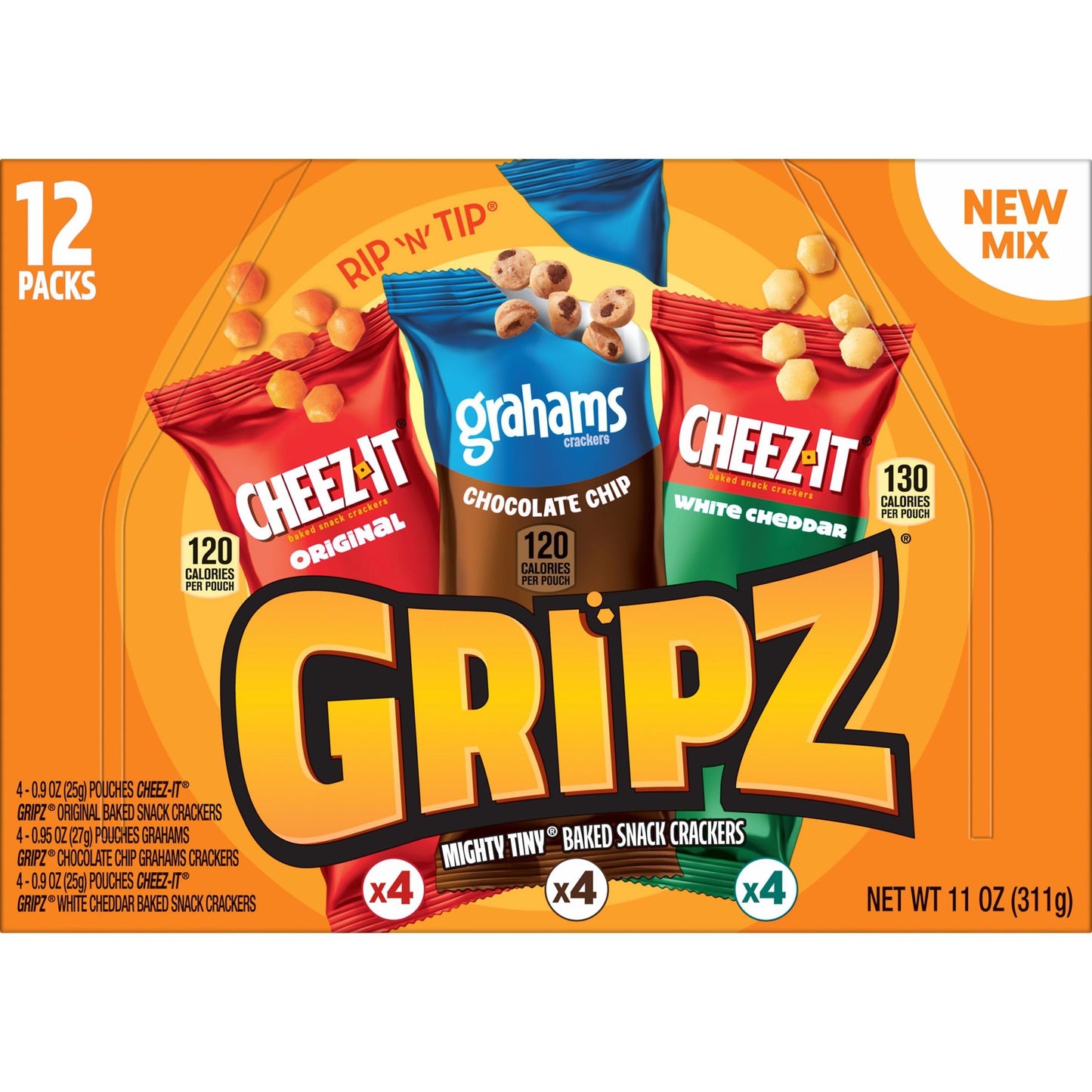 Gripz Mini Baked Snack Crackers, Sweet and Salty Snacks, Variety Pack, 11oz Box (12 Pouches)