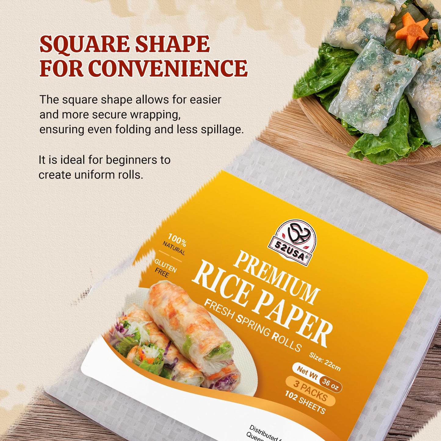 52Usa Square Rice Paper, 3 Pack, White Rice Paper Wrappers, Fresh Spring Roll Wrappers & Dumplings-102 Sheets, Gluten-Free Wonto