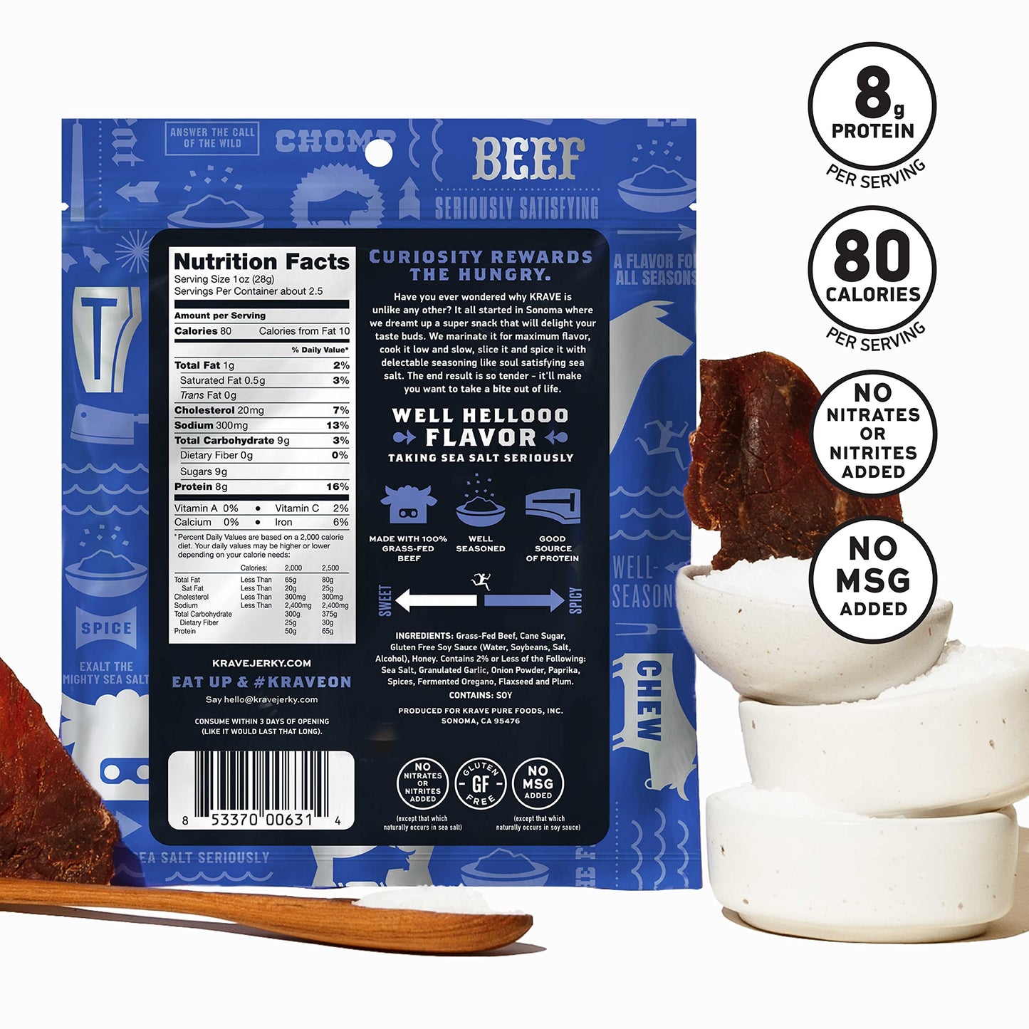 Krave Jerky Gourmet Beef Cuts, Original Sea Salt, 2.7 Ounce (Pack Of 8)
