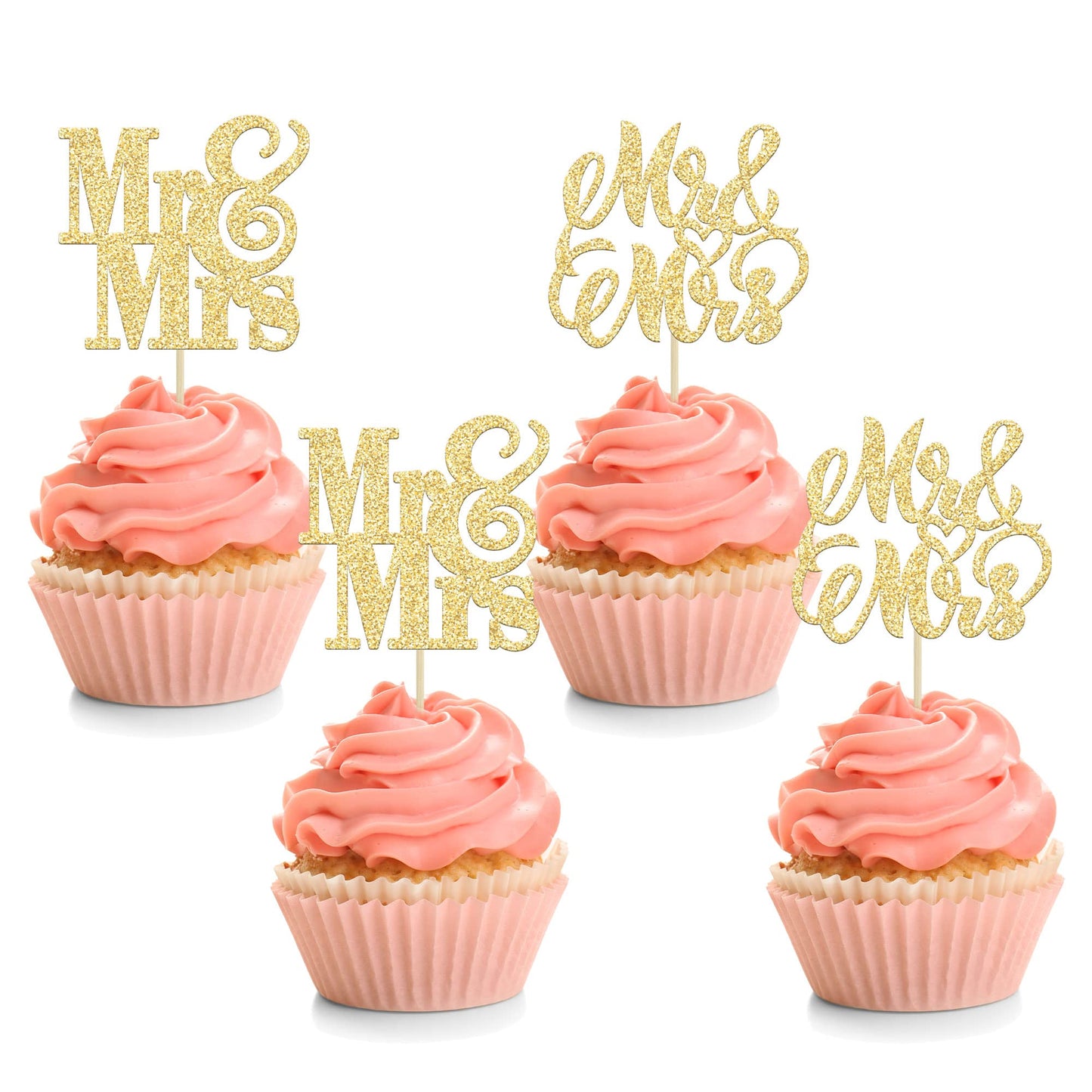 Ephlyn 24Pcs Gold Glitter Cupcake Toppers - Mr & Mrs, Bridal Shower, Wedding, Engagement, Birthday Party Decorations, Paper
