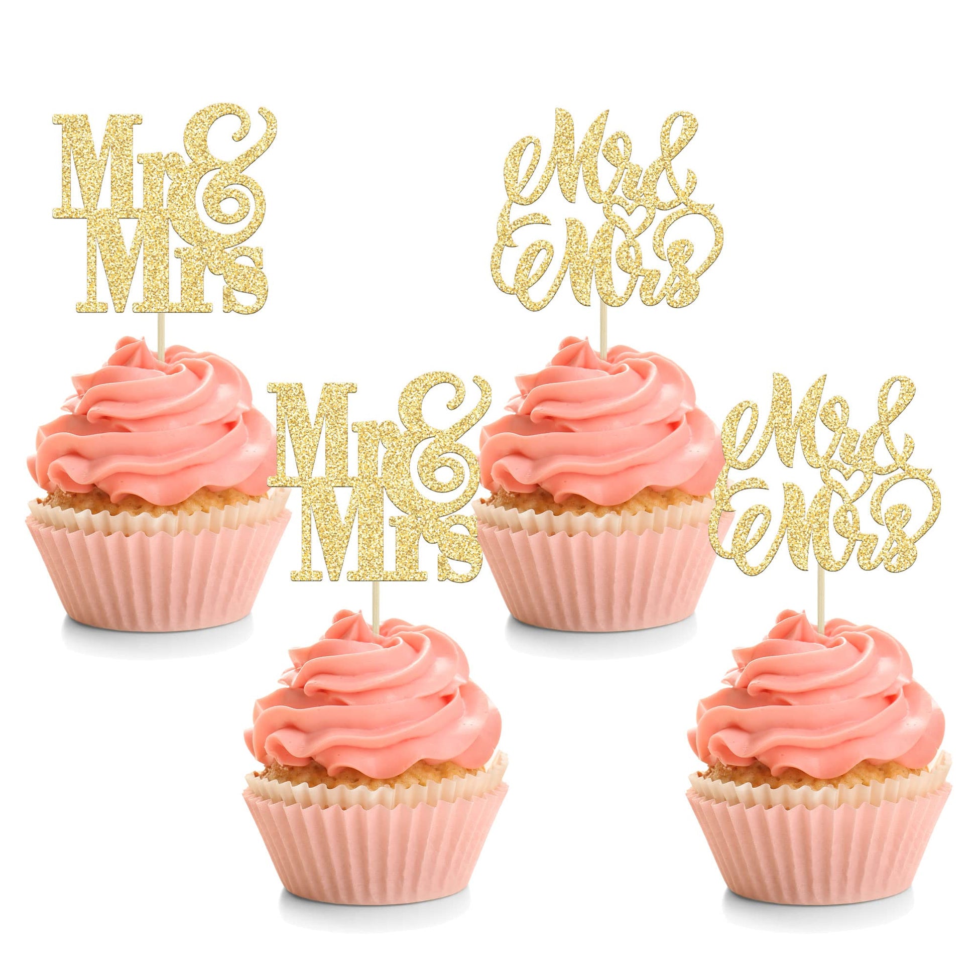 Ephlyn 24Pcs Gold Glitter Cupcake Toppers - Mr & Mrs, Bridal Shower, Wedding, Engagement, Birthday Party Decorations, Paper