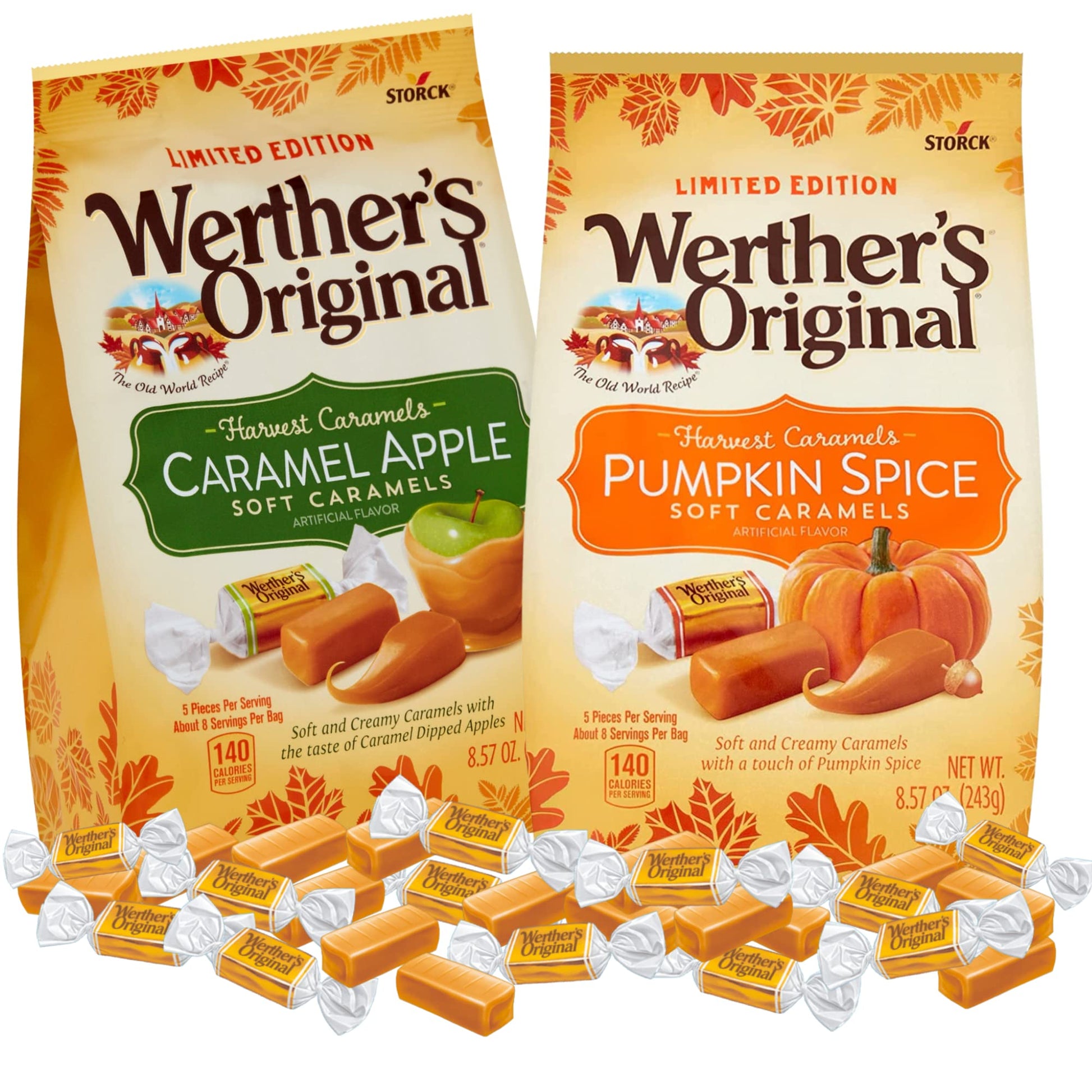 Pumpkin Spice And Caramel Apple Original Soft Caramels, Individually Wrapped Sharable Fall Flavored Candies, 8.57 Ounce Bags, Pa