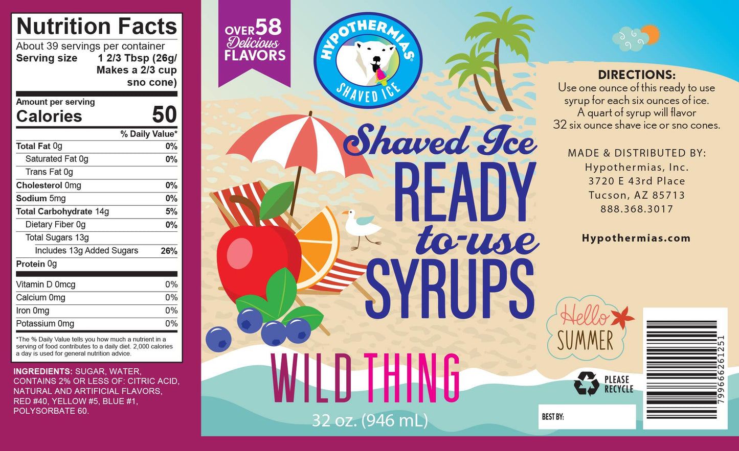 Hypothermias Shaved Ice & Snow Cone Syrup - Bpa-Free Recyclable Plastic Bottle Quart (32 Fl. Oz) - Wild Cherry - Non-Gmo 100% Pu