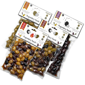 Pack of 4 Variety Mix Olives in Vacuum, 2 Greek Olive Varieties with 4 flavors, Freshly Sealed Olives with Extra Virgin Oil 4X20