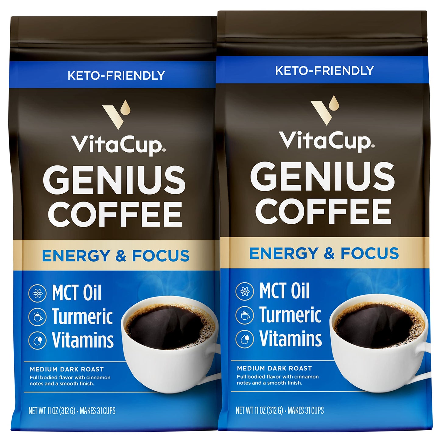 VitaCup Genius Ground Keto Coffee, Medium Dark Roast, 2 Bags, 11oz Each, with Turmeric, MCT Oil, B Vitamins, D3, 100% Arabica