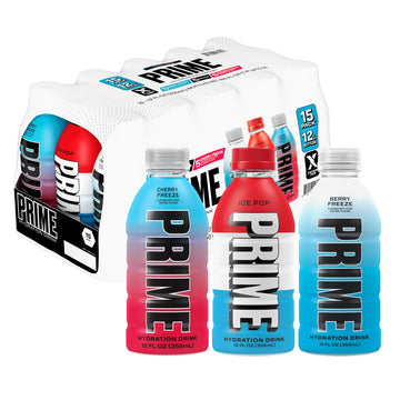 PRIME HYDRATION Sports Drinks Variety Pack - Blue Freeze, Cherry Freeze, ICE POP, 12 Fl Oz, 15 Pack, Electrolyte Enhanced, Low Sugar