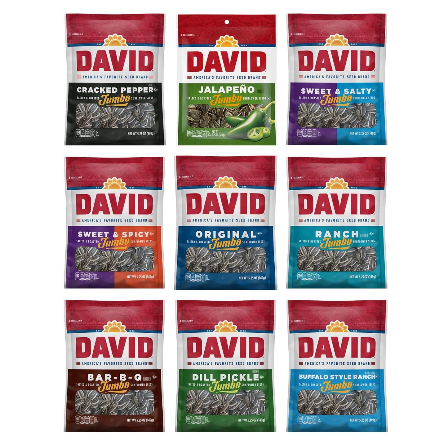DAVIDs Sunflower Seeds, Assorted Flavors, Variety Pack 5.25 Oz Bags, 9 Count