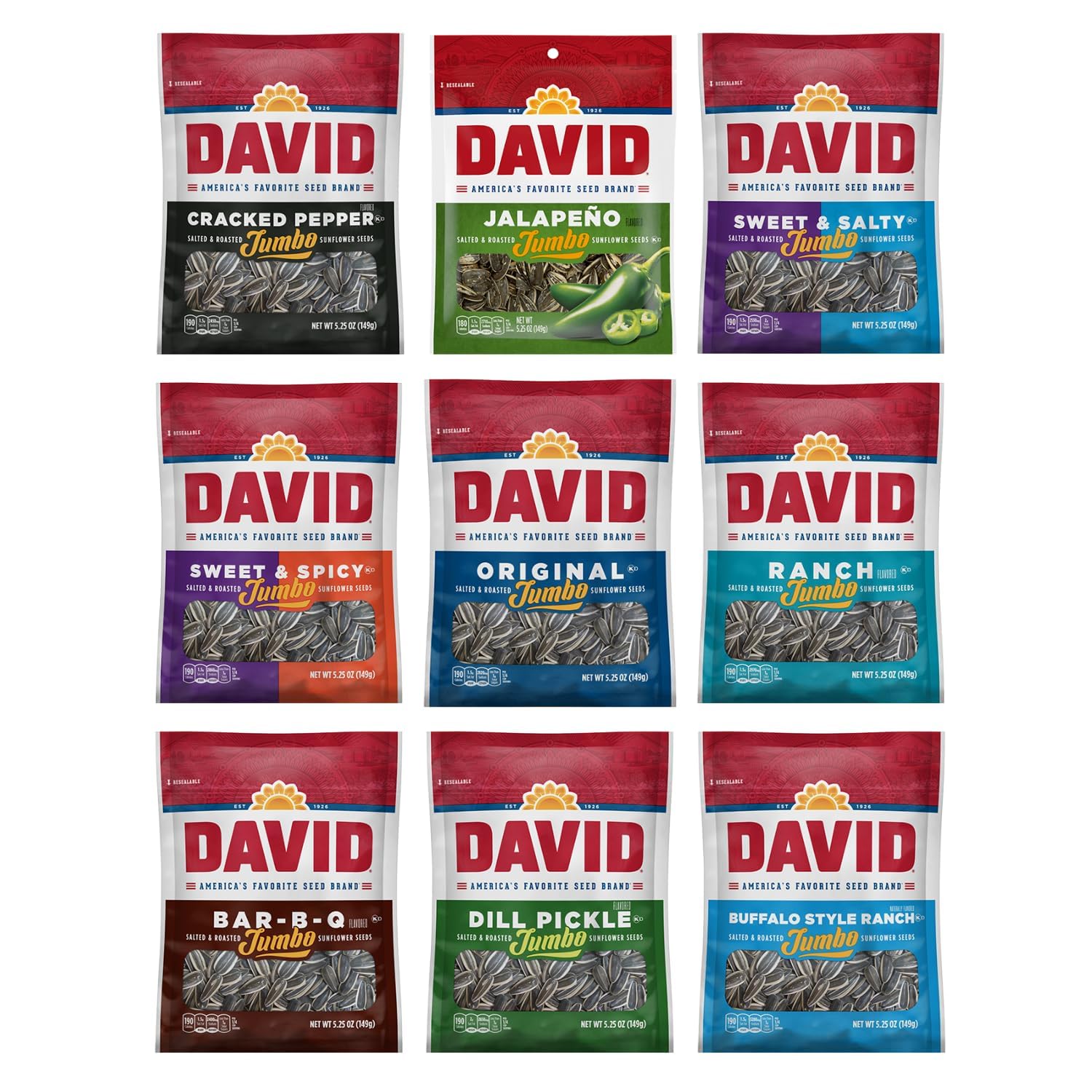 DAVIDs Sunflower Seeds, Assorted Flavors, Variety Pack 5.25 Oz Bags, 9 Count