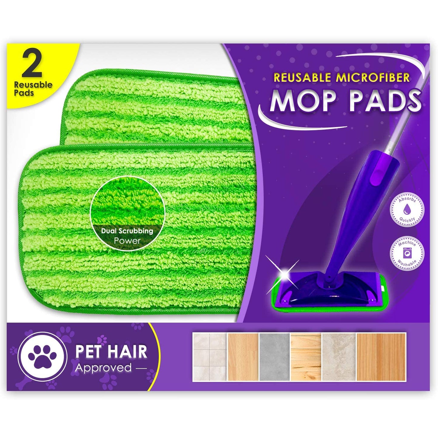 Reusable Floor Mop Pads - Swiffer Wet Jet Compatible Refills 2 Pack - Machine Washable, 12-Inch Microfiber Mop Swiffer Wet Pads 