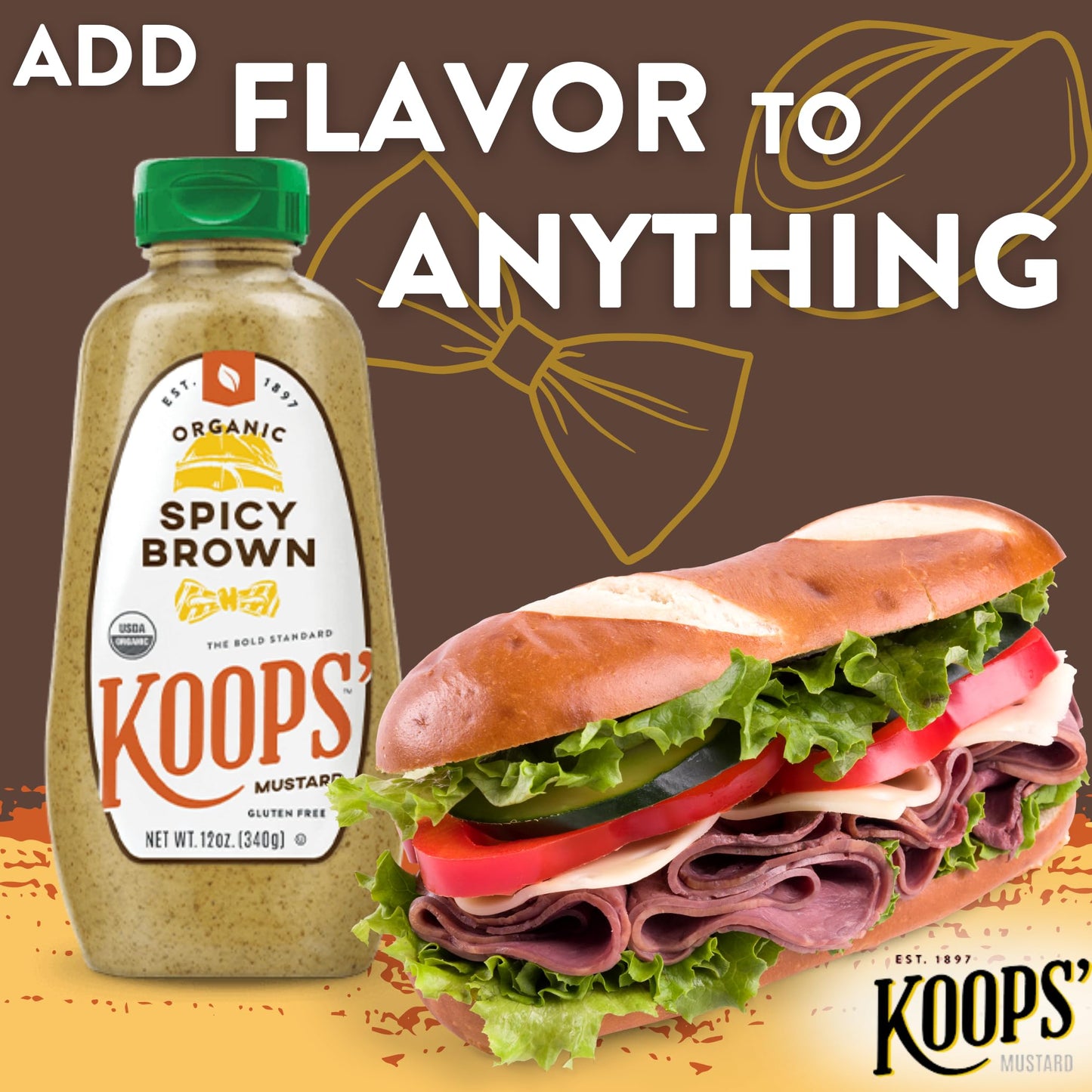 Koops' Organic Spicy Brown Mustard - Bold and Brown Mustard Sauce, Gluten-Free, Kosher, USDA Certified Organic, Made in USA, Fro