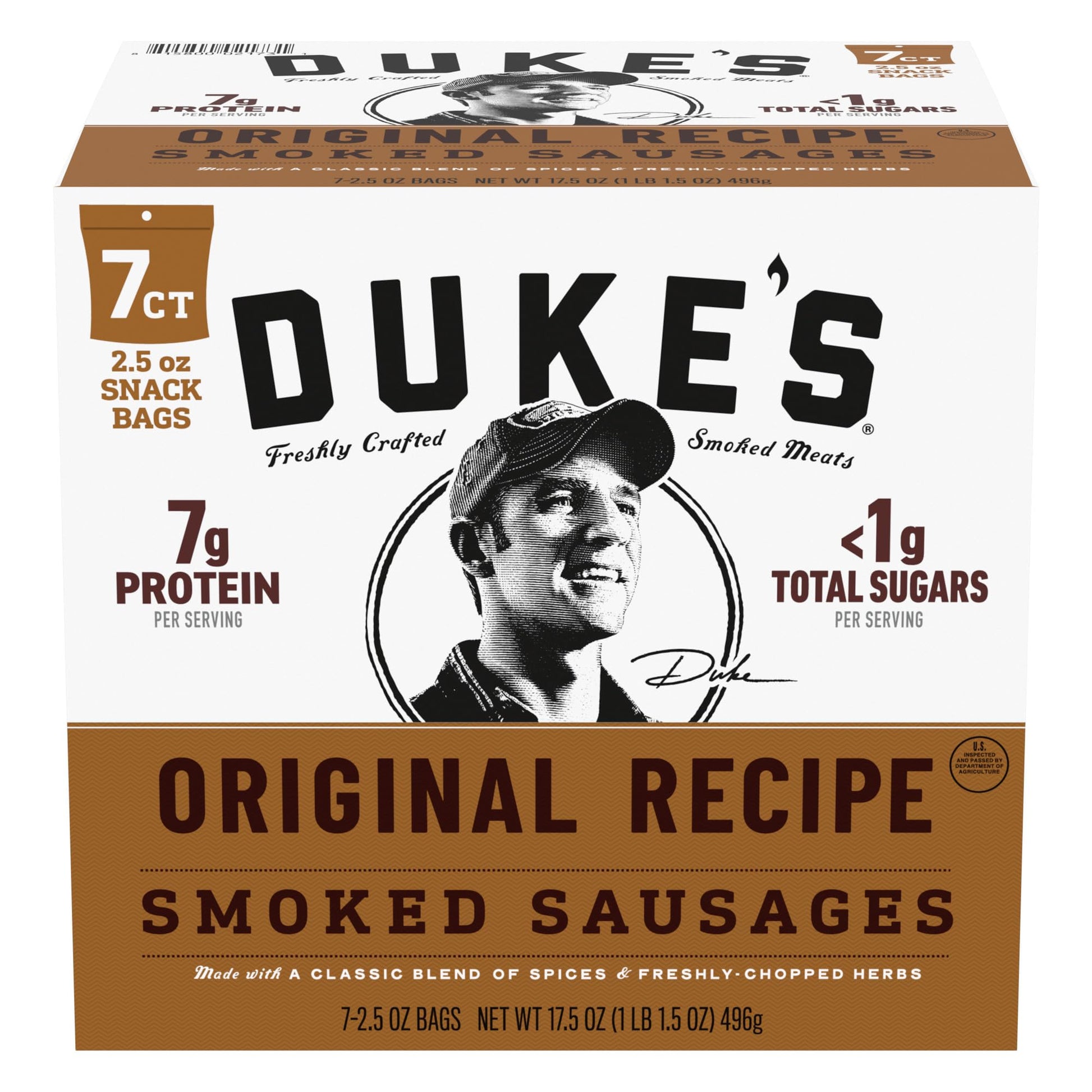 DUKES Pork Original Smoked Shorty Sausages, 7g Protein, 2.5 oz Snack Bags, Pack of 7