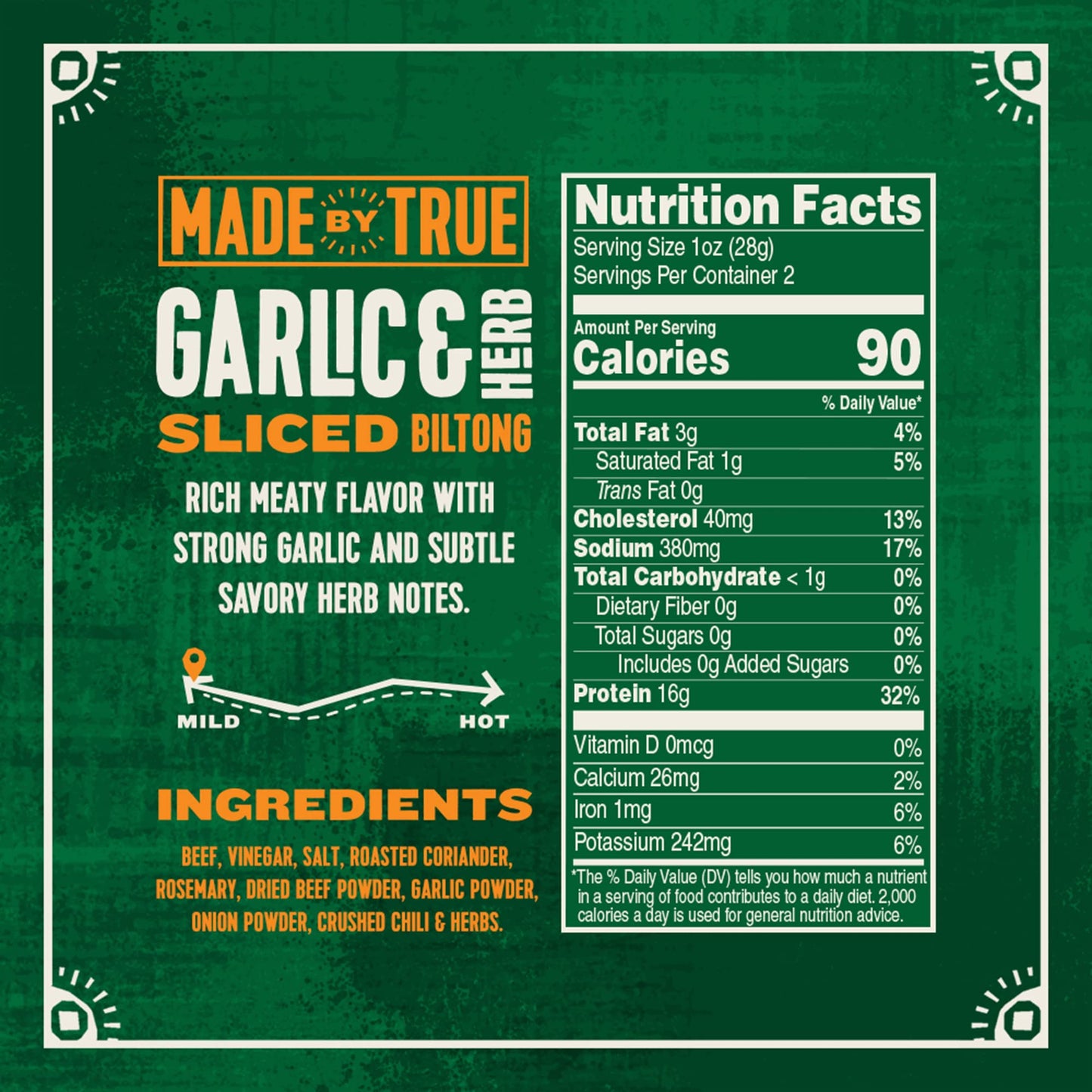 Made By True Beef Sliced Bites Garlic & Herb (2 Ounce, Pack Of 2) - All Natural, Zero-Sugar True Jerky Biltong - High Protein, K