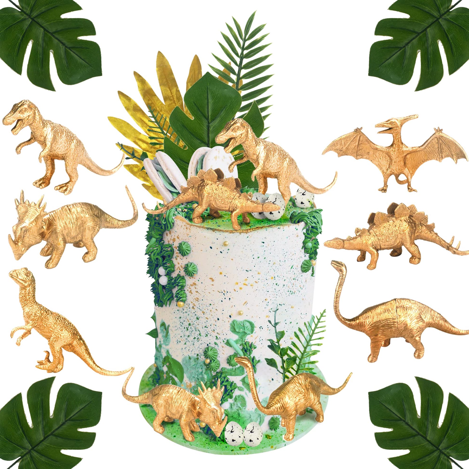 16 Pcs Metallic Gold Dinosaur Cake Decorations Dino Theme Cake Topper With Artificial Palm Leaves Dinosaur Eggs For Kids Boys Gi