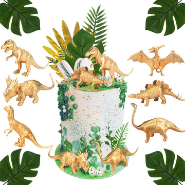 16 Pcs Metallic Gold Dinosaur Cake Decorations Dino Theme Cake Topper With Artificial Palm Leaves Dinosaur Eggs For Kids Boys Gi
