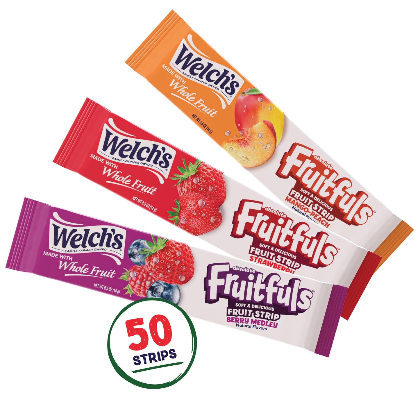 Welchs Absolute Fruitfuls Fruit Strips  Tasty Dried Fruit Snacks for School Lunches  Berry Medley Mango Peach  Strawberry 0.5oz (Pack of 50)