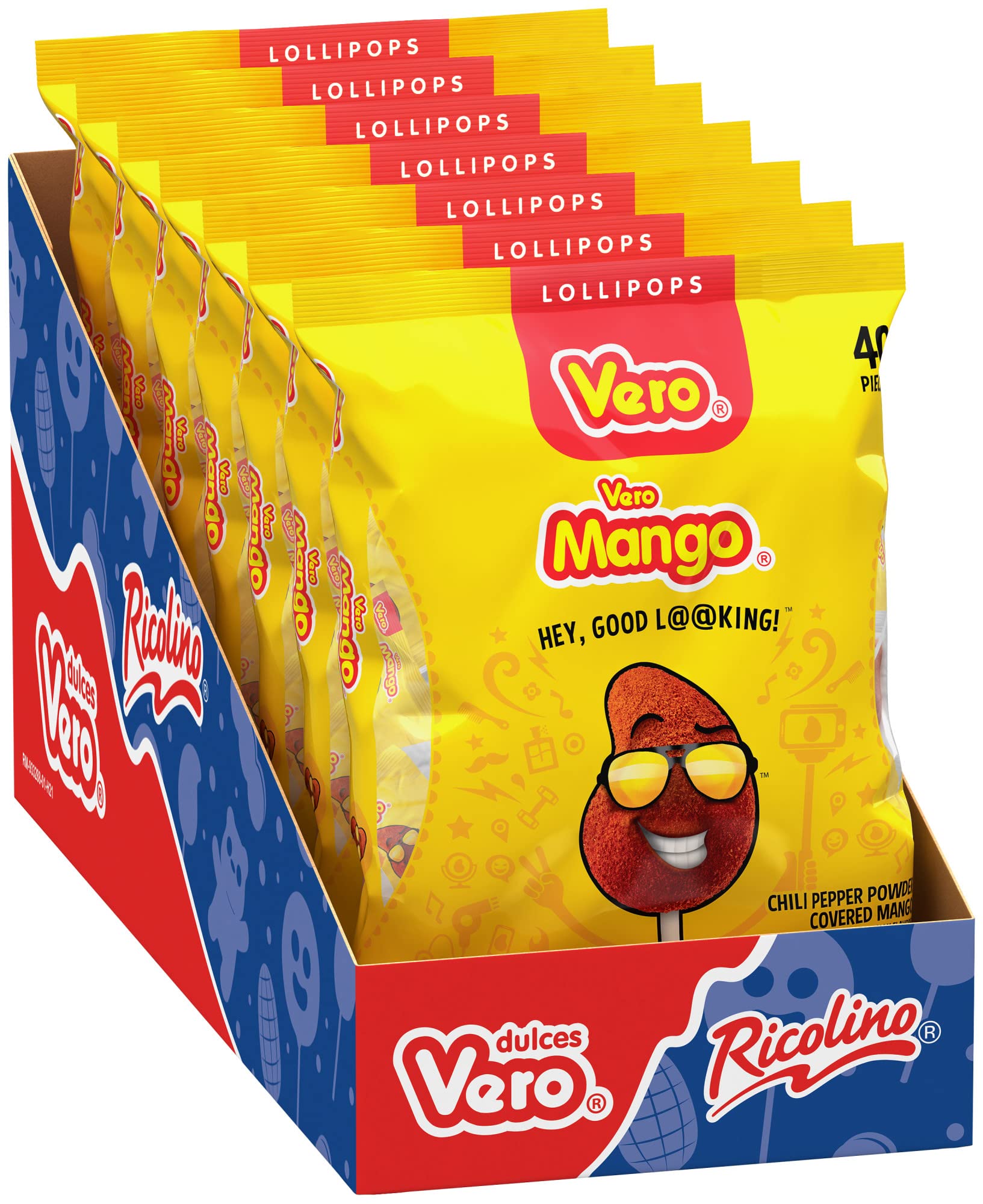 Vero Mango Lollipops Coated with Chili Powder, Hot and Sweet Candy Treat, Artificially Flavored, 7 Bags, 40 Count Each, Net Weig