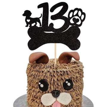 1 PCS 13th Birthday Cake Topper Black Glitter Dog Paw Thirteen Years Old Birthday Puppy Dog Bone Cake Pick for Let's Pawty Baby 