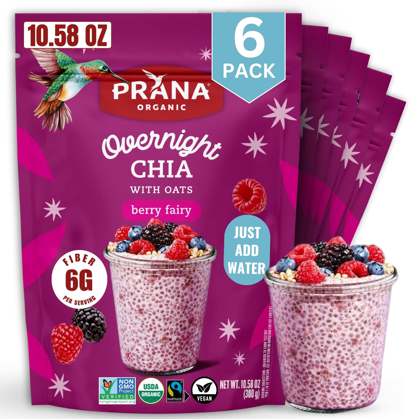 Prana Organic Overnight Chia with Oats Berry Fairy | Rich in Fiber & Protein, Vegan, Non-GMO | Ready to Eat Breakfast - 10.58 oz