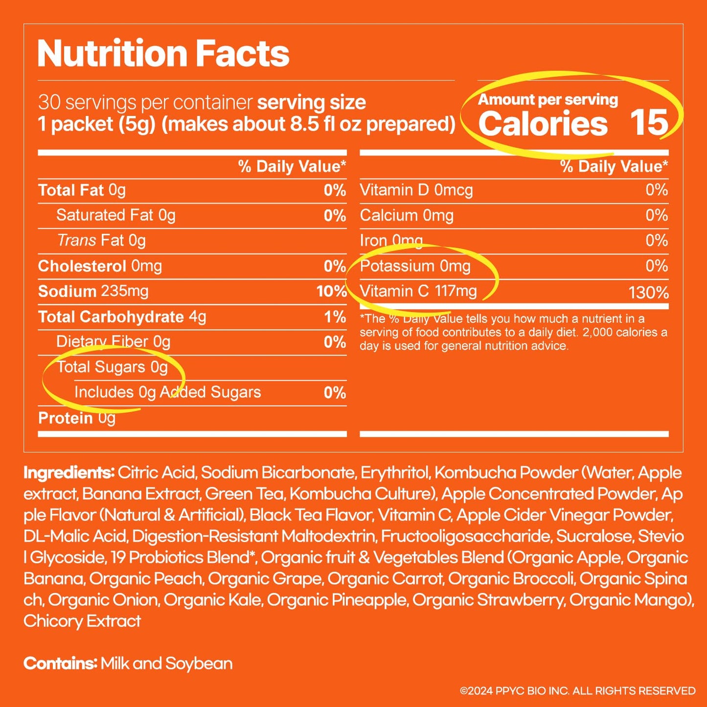 SUNMANC Kombucha Powdered Drink Mix, Sparkling Probiotic, 5.29 oz, Low Calories, Sugar 0g, Low Caffeine, Apple Flavor