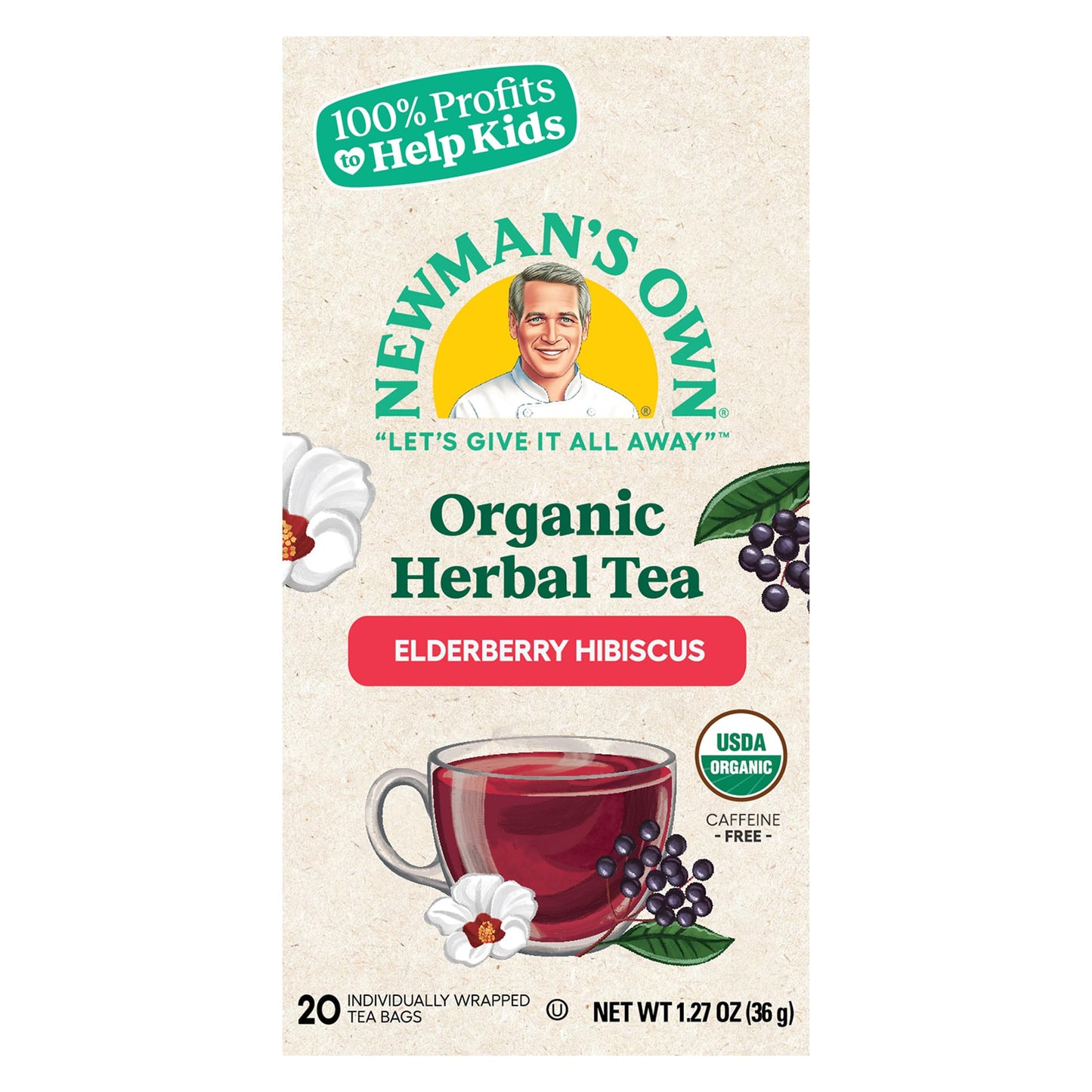 Newmans Own Organic Elderberry Hibiscus Tea, 20 Tea Bags, Pack of 6, USDA Certified, Caffeine Free, Hot/Cold Brew