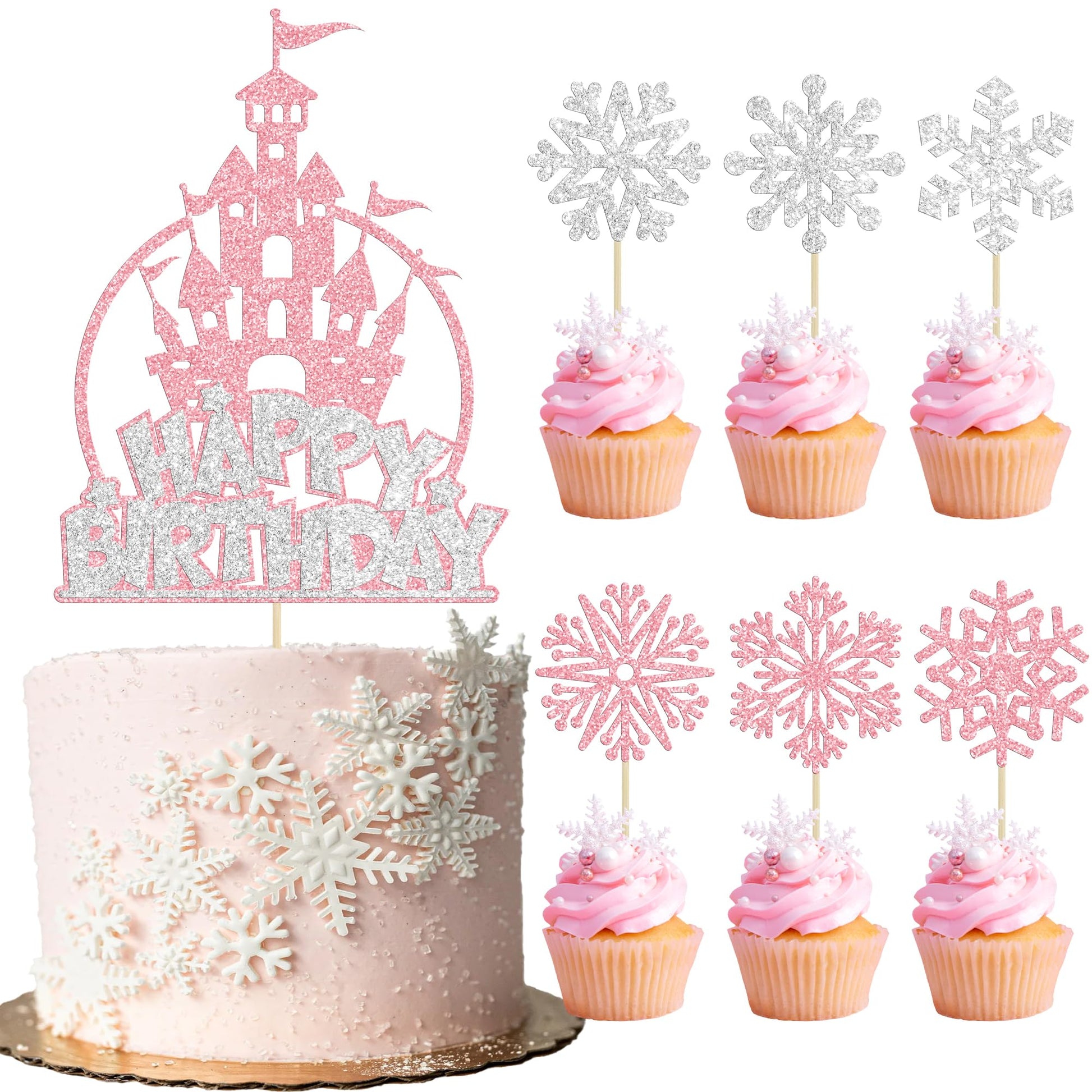 Gyufise 25Pcs Ice Castle Cake Topper Frozen Snowflake Cupcake Picks Winter Wonderland Happy Birthday Cake Decoration For Princess Theme Baby Shower Birthday Party Decorations Supplies Pink