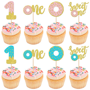 24 PCS Donut Gender Reveal Cupcake Toppers Sweet One Donut Cupcake Picks Donut 1st Birthday Party Decorations for Donut Theme Ba
