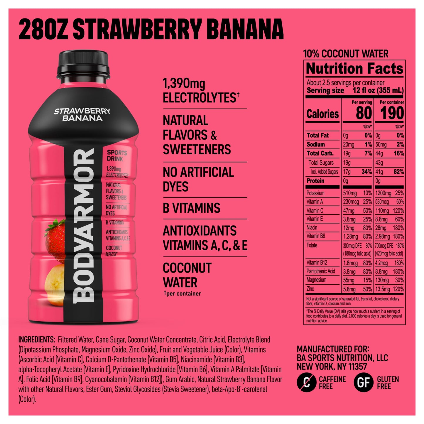 BODYprotective covering Sports Drink  Strawberry Banana  Electrolyte Drink Hydration  28 Fl Oz Bottles (15 Pack)  Flavored Coconut Water with B Vitamins & Antioxidants