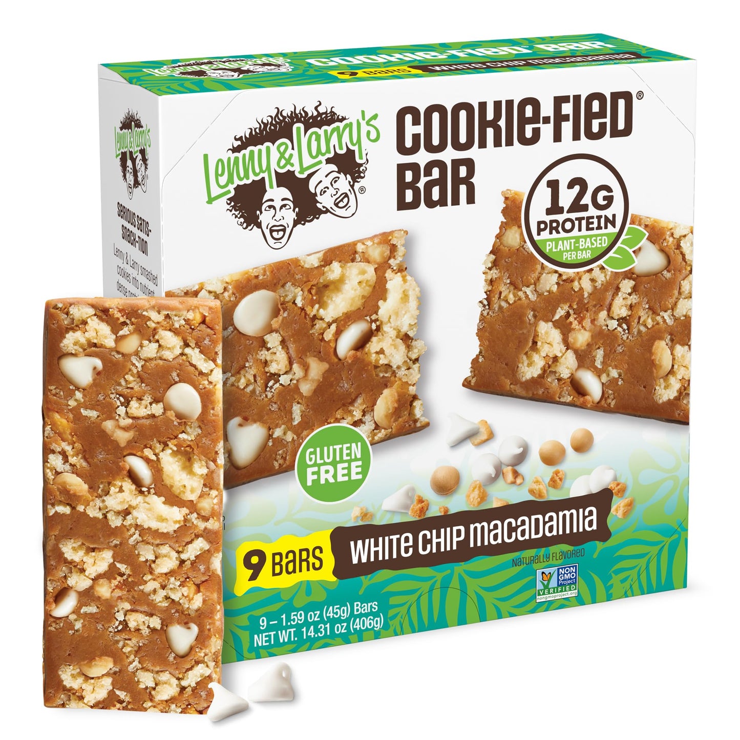 Lenny & Larrys Cookie-fied Protein Bar, White Chip Macadamia, 12g Plant Protein, 9x45g, Vegan, Gluten Free, Keto Friendly