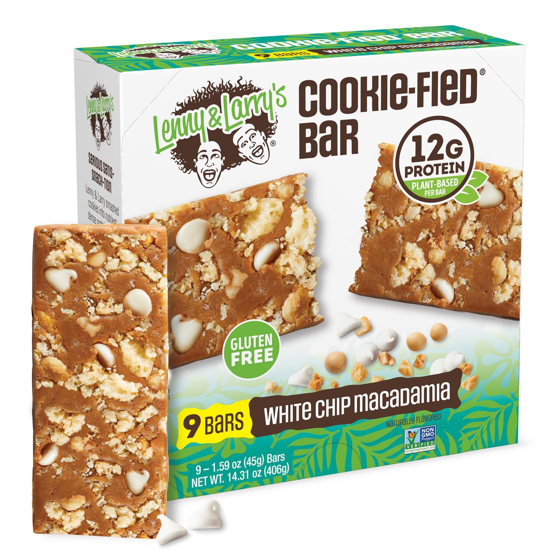Lenny & Larrys Cookie-fied Protein Bar, White Chip Macadamia, 12g Plant Protein, 9x45g, Vegan, Gluten Free, Keto Friendly