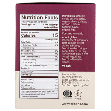 Teeccino Hazelnut Herbal Tea - Caffeine Free, Prebiotic, 10 Tea Bags, Model F03316