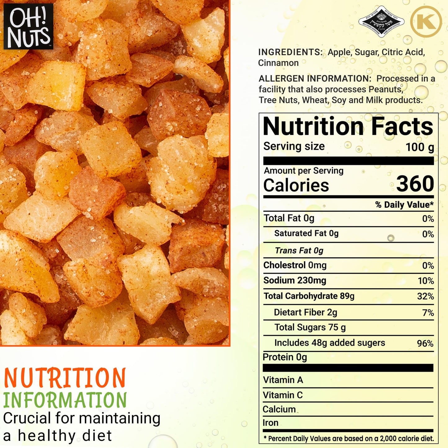 Oh! Nuts Dried Cinnamon Apple - 1 Lb - Sweetened Dried Fruit Diced - Dehydrated Fruit Bites - Packed In New York Zip-Seal Bag For Exceptional Freshness