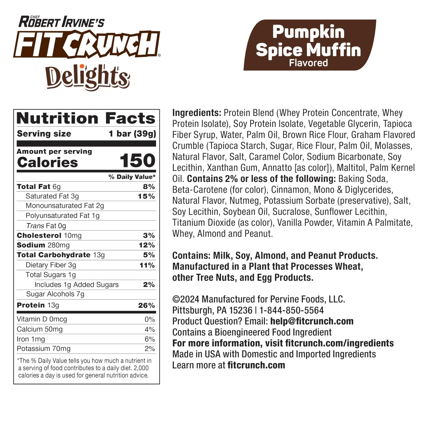Fit Crunch Protein Bar, 13g Protein & 1g Sugar, Pumpkin Spice Muffin, 8 Bars