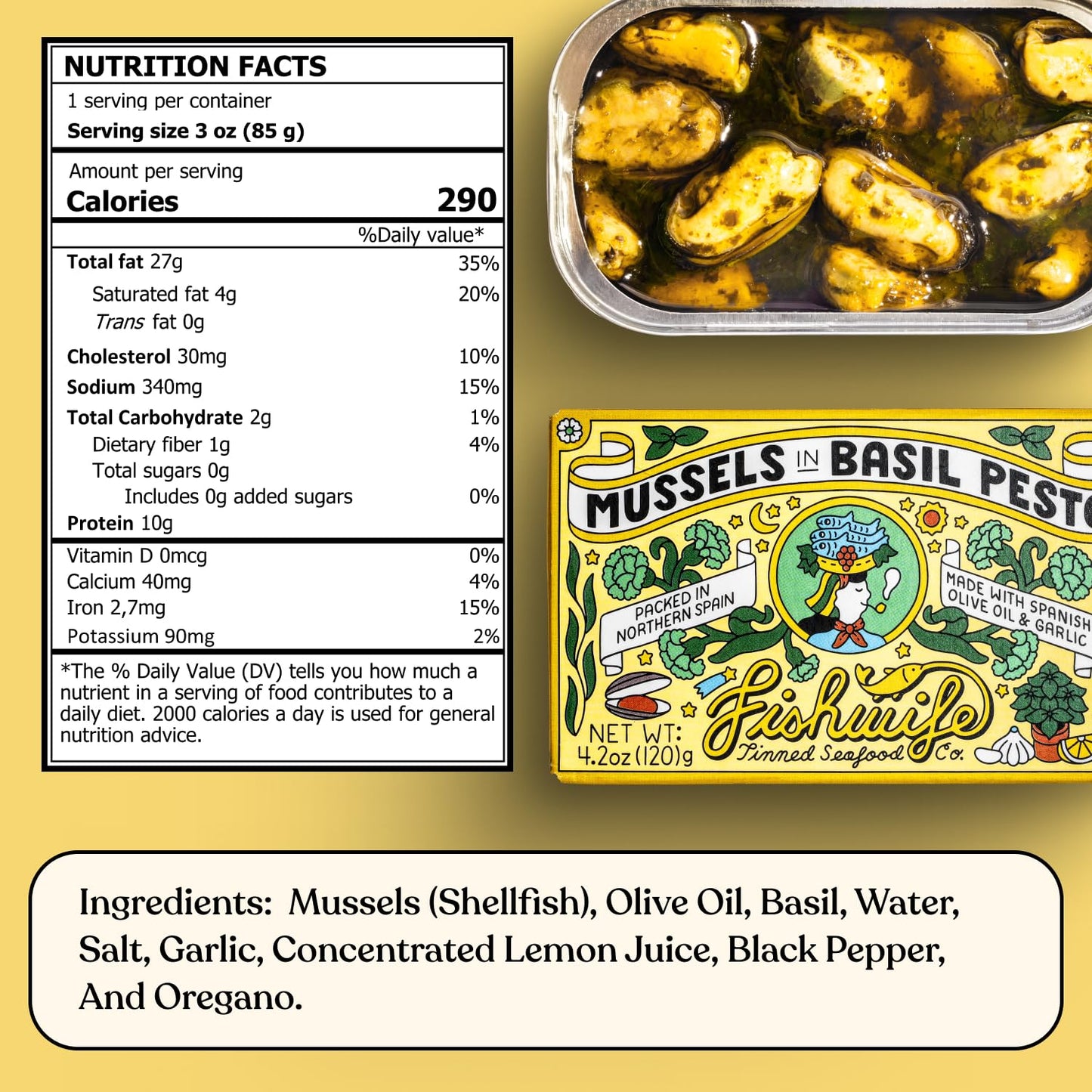 Fishwife Mussels In Basil Pesto 3-Pack (4.2 Ounce) | Hand-Packed in Sdiscomfort-reducing | ASC-Certified Sustainable Seafood  Gluten Free  High Protein  Omega-3s | Responsibly Raised in Chile