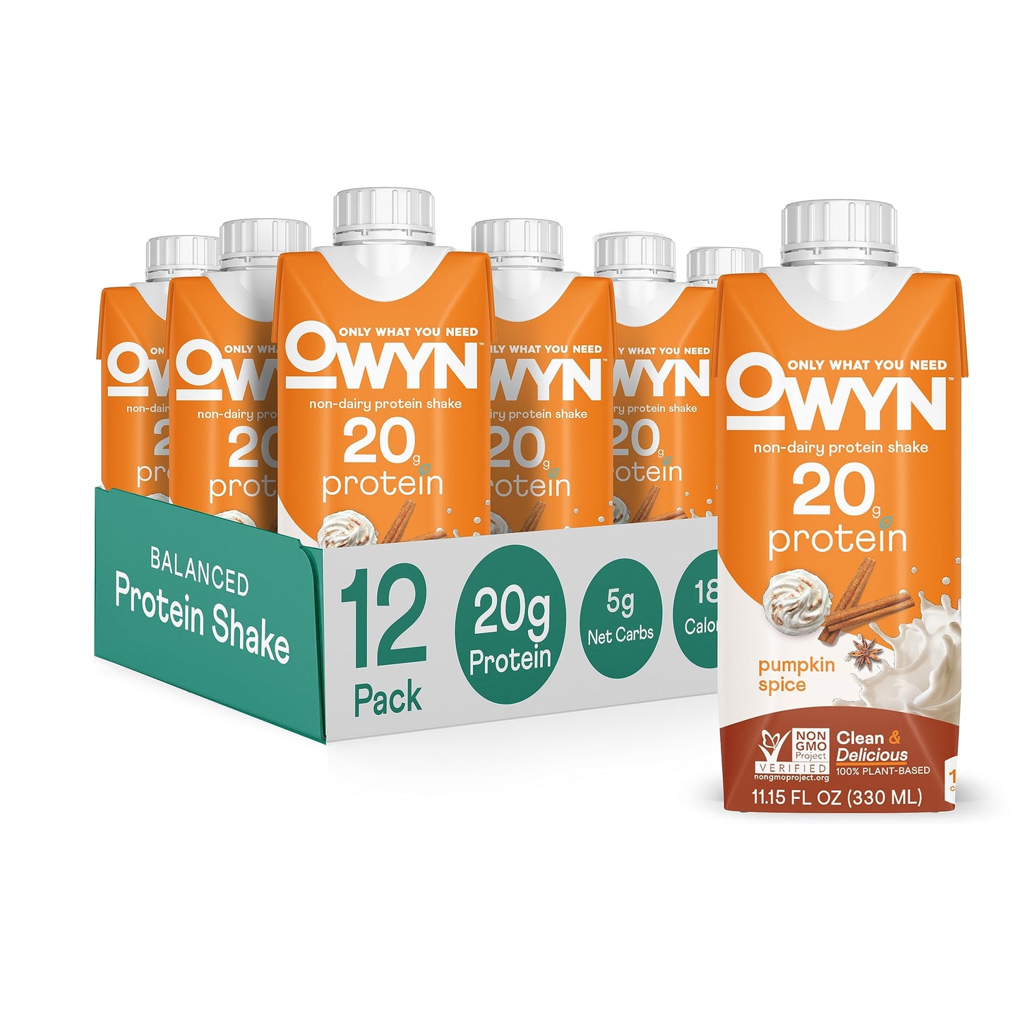 Owyn Vegan Protein Shake, Pumpkin Spice, 20g Plant Based Protein, Omega-3, Prebiotic Supplements, Gluten-Free, Soy-Free, Non-GMO