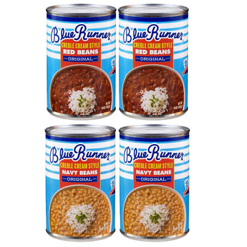 Blue Runner Creole Cream Style Red Beans and Nevy Beans Sampler, 16 Ounce (Pack of Two Each) - Easy Heat and Serve Beans for Del
