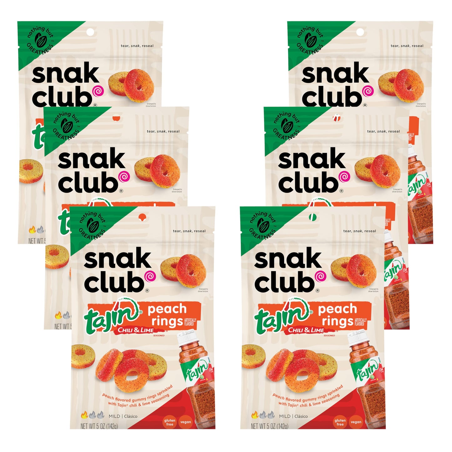 Snak Club Tajin Peach Rings, Sweet and Spicy Gummy Snacks, 5oz Resealable Bag, 6 Count