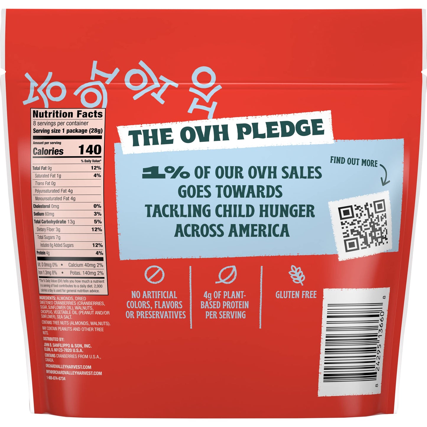 Orchard Valley Harvest Heart Healthy Blend, 1 Ounce Bags (Pack of 8), Almonds, Cranberries, Walnuts, and Chickpeas, Gluten Free,