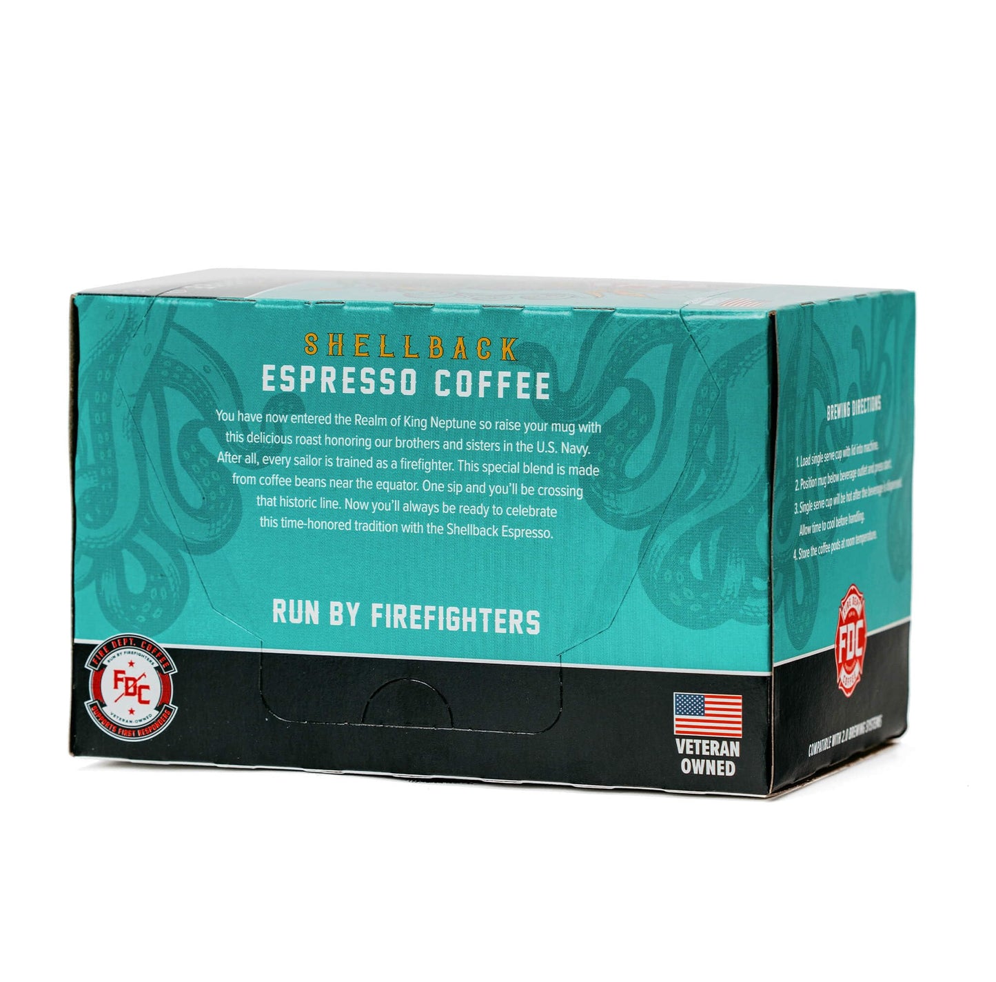Fire Department Coffee - Gives Back to Firefighters - Bold & Smooth Shellback Espresso Coffee Pods - Roasted in the USA - Made with enhanced Coffee Beans - Veteran Owned - 12 Single Pods
