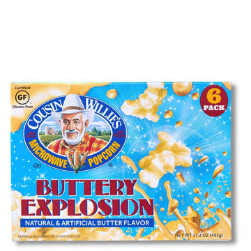 Cousin Willies Microwave Popcorn Bags, Buttery Explosion (6 Bags), Gourmet Popcorn Boxes for Party, Whole Grain Popcorn, Gluten