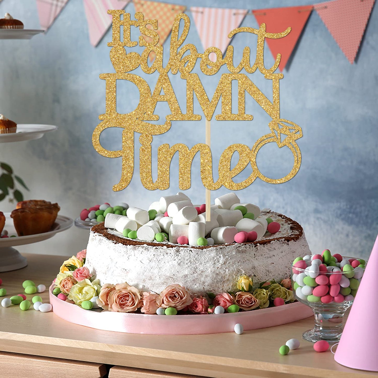 PYBHILK Gold Glitter Cake Topper - Its About Damn Time, Wedding Engagement/Bridal Shower, Model PY--0051