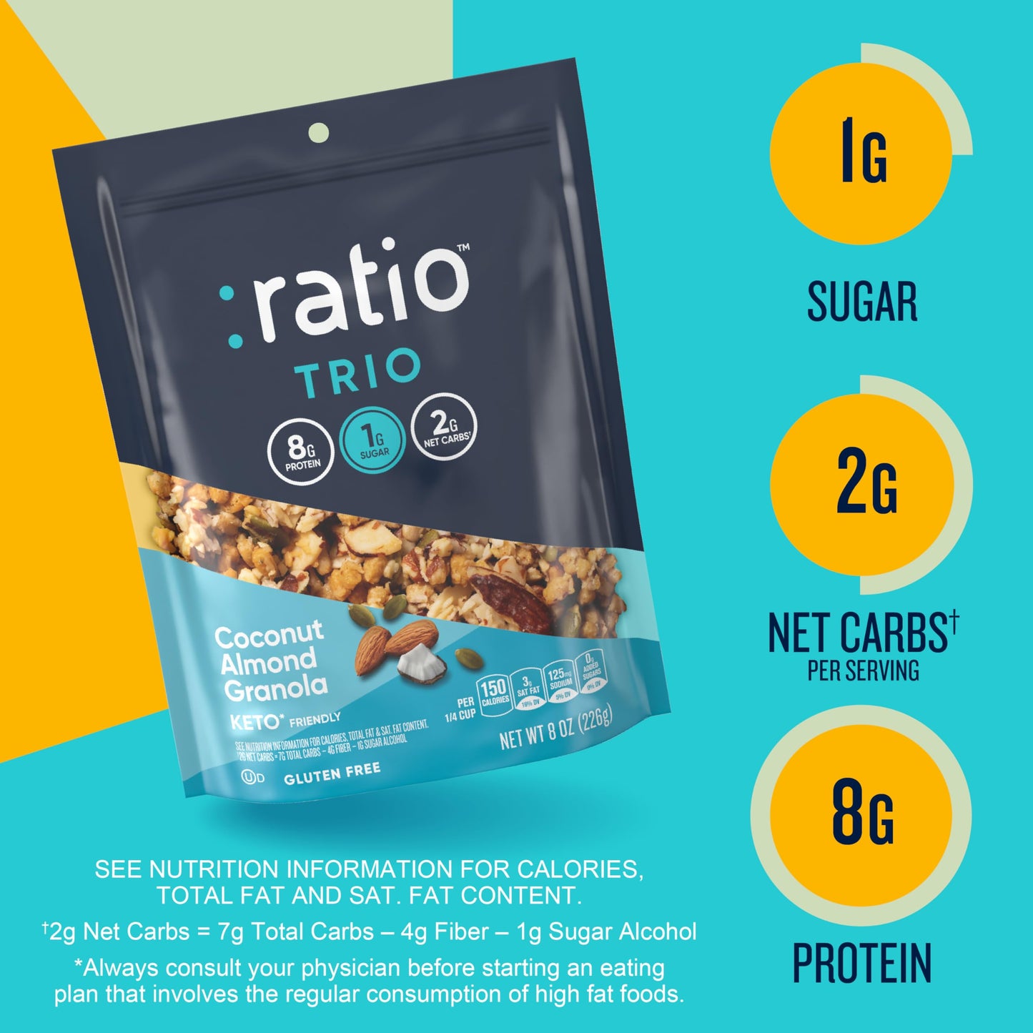 Ratio Coconut Almond Granola Cereal, 1g Sugar, Keto Friendly, 8 oz Resealable Bag