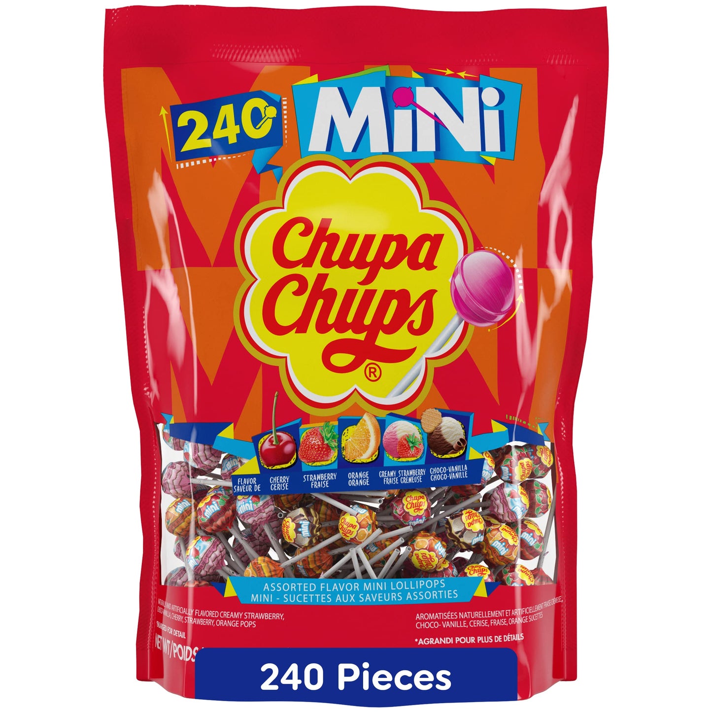Chupa Chups Mini Lollipop Assortment, 5 Flavors, Individually Wrapped Candy For Kids, 50.8 Oz Bag (240 Suckers)